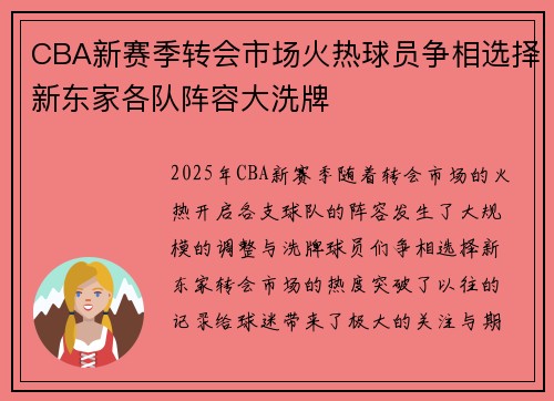 CBA新赛季转会市场火热球员争相选择新东家各队阵容大洗牌