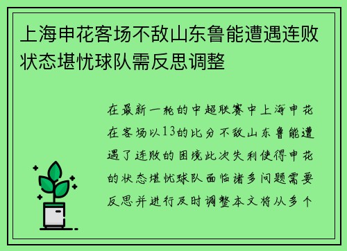 上海申花客场不敌山东鲁能遭遇连败状态堪忧球队需反思调整