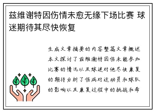 兹维谢特因伤情未愈无缘下场比赛 球迷期待其尽快恢复