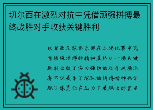 切尔西在激烈对抗中凭借顽强拼搏最终战胜对手收获关键胜利