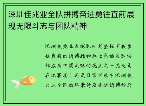 深圳佳兆业全队拼搏奋进勇往直前展现无限斗志与团队精神