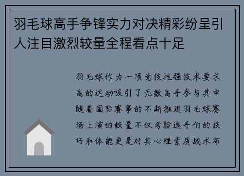 羽毛球高手争锋实力对决精彩纷呈引人注目激烈较量全程看点十足